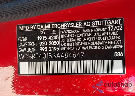 2003 Mercedes-Benz C 230 Kompressor Sport z USA, uszkodzony, nr VIN WDBRF40J83A484647